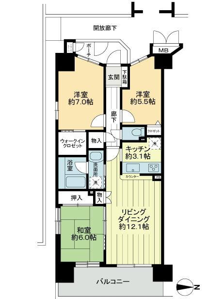 Floor plan. 3LDK, Price 38,900,000 yen, Occupied area 74.17 sq m , Balcony area 10.98 sq m 5 floor angle dwelling unit