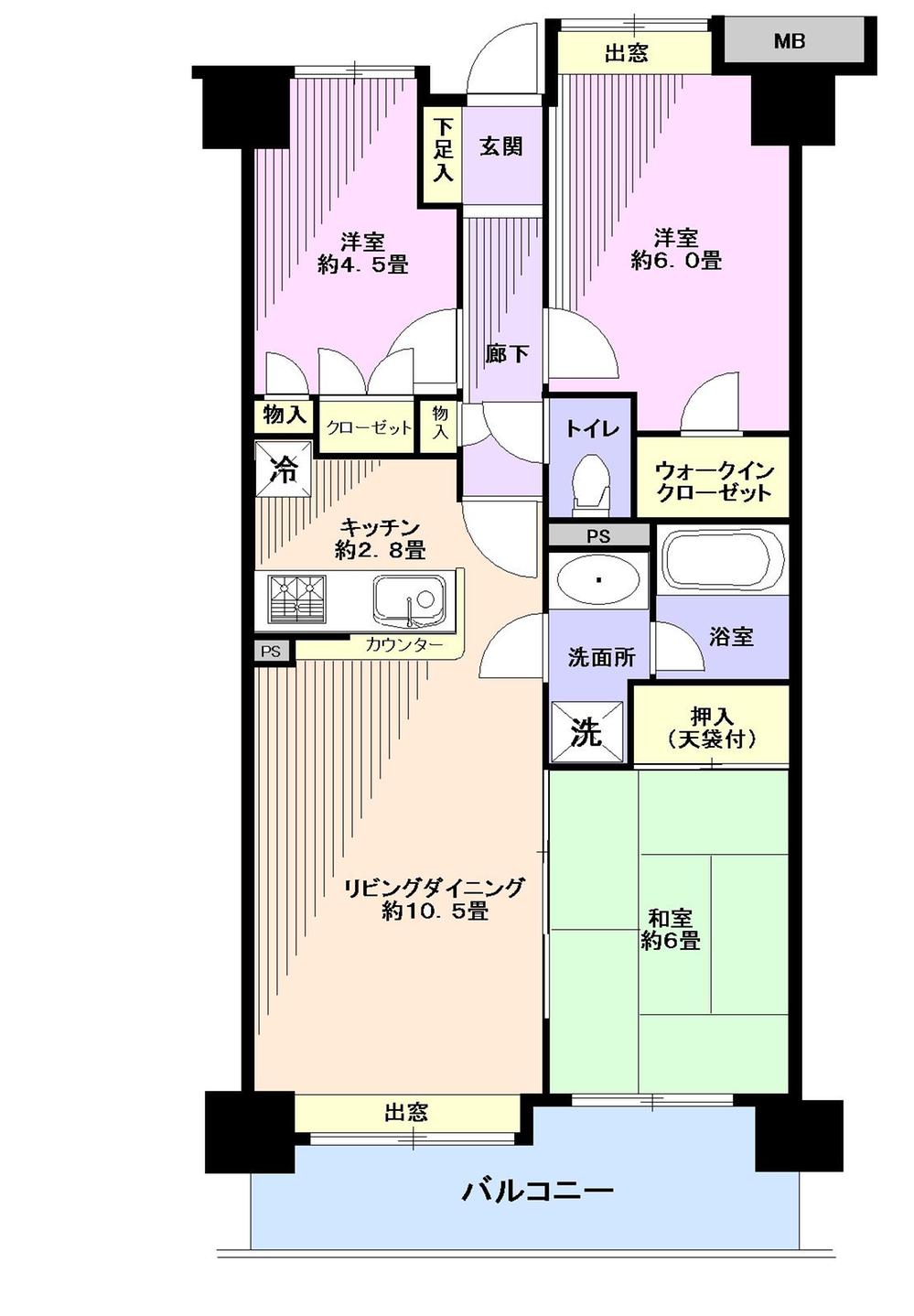 Floor plan. 3LDK, Price 28.8 million yen, Occupied area 63.39 sq m , Balcony area 10.4 sq m