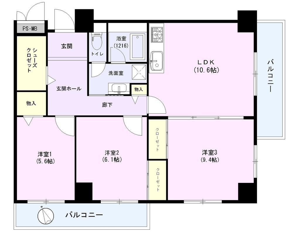 Floor plan. 3LDK, Price 32,800,000 yen, Occupied area 76.27 sq m , Balcony area 10.22 sq m