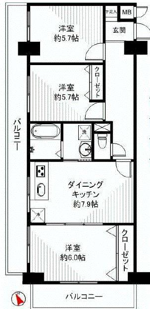 Floor plan. 3DK, Price 26,800,000 yen, Occupied area 61.44 sq m , Balcony area 16.92 sq m