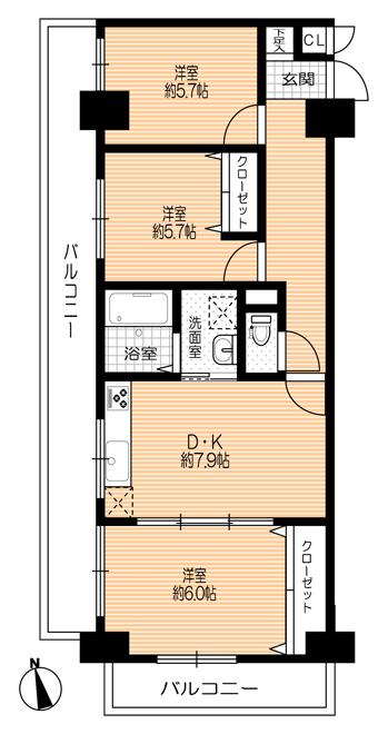 Floor plan. 3LDK, Price 26,800,000 yen, Occupied area 61.44 sq m , Balcony area 16.92 sq m balcony spacious!