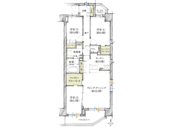 Building structure. East Terrace (E-c type / 3LDK + FC + WIC) footprint / 76.67 sq m balcony area / 7.77 sq m service balcony area / 2.11 sq m  ※ WIC = walk-in closet FC = family closet