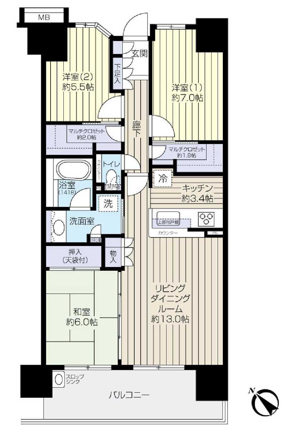 Floor plan. 3LDK, Price 52,800,000 yen, Footprint 80.4 sq m , Balcony area 13 sq m floor plan