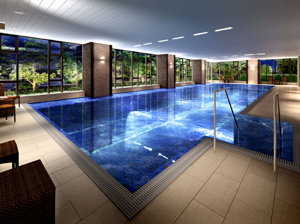 Features of the building.  [Pool Rendering CG] Prepare the pool and fitness gym as a space to heal the mind and body together. It grants an elegant relaxation of feeling the green reflection in the window.