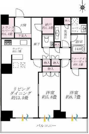 Floor plan. 2LDK + S (storeroom), Price 51,500,000 yen, Occupied area 85.72 sq m , Balcony area 13 sq m