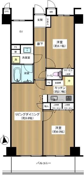 Floor plan. 2LDK, Price 21,700,000 yen, Footprint 55.5 sq m , It shakes balcony area 7.28 sq m sun [Facing south] is