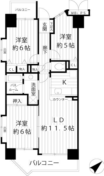 Floor plan. 3LDK, Price 37,800,000 yen, Occupied area 64.18 sq m , Balcony area 11.01 sq m