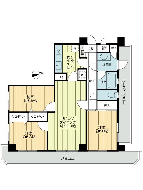 Floor plan. 2LDK + S (storeroom), Price 24,800,000 yen, Occupied area 75.64 sq m , Balcony area 10.41 sq m