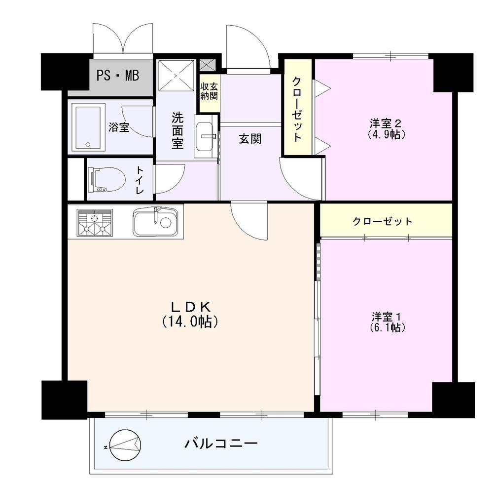 Floor plan. 2LDK, Price 25,800,000 yen, Occupied area 60.49 sq m , Balcony area 6.84 sq m