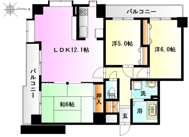 Floor plan. 3LDK, Price 30,990,000 yen, Occupied area 70.87 sq m , Balcony area 10.5 sq m 2 sided balcony ・ It is south-facing corner room