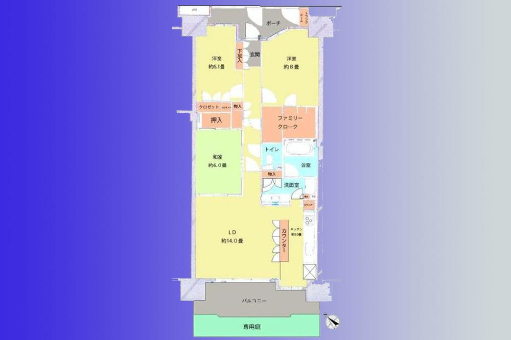 Floor plan. 3LDK, Price 52,700,000 yen, Occupied area 93.74 sq m , Balcony area 16.35 sq m   [First floor ・ Terrace & Private garden] Including the family cloak, Ensure abundant storage in various places.