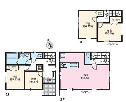 Floor plan. (Building 2), Price 54,800,000 yen, 2LDK+2S, Land area 98.94 sq m , Building area 105.57 sq m