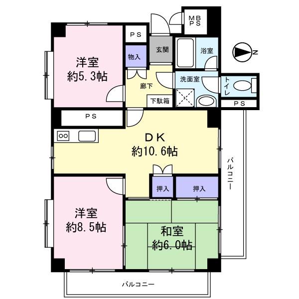 Floor plan. 3DK, Price 17.8 million yen, Occupied area 61.67 sq m , Balcony area 11 sq m