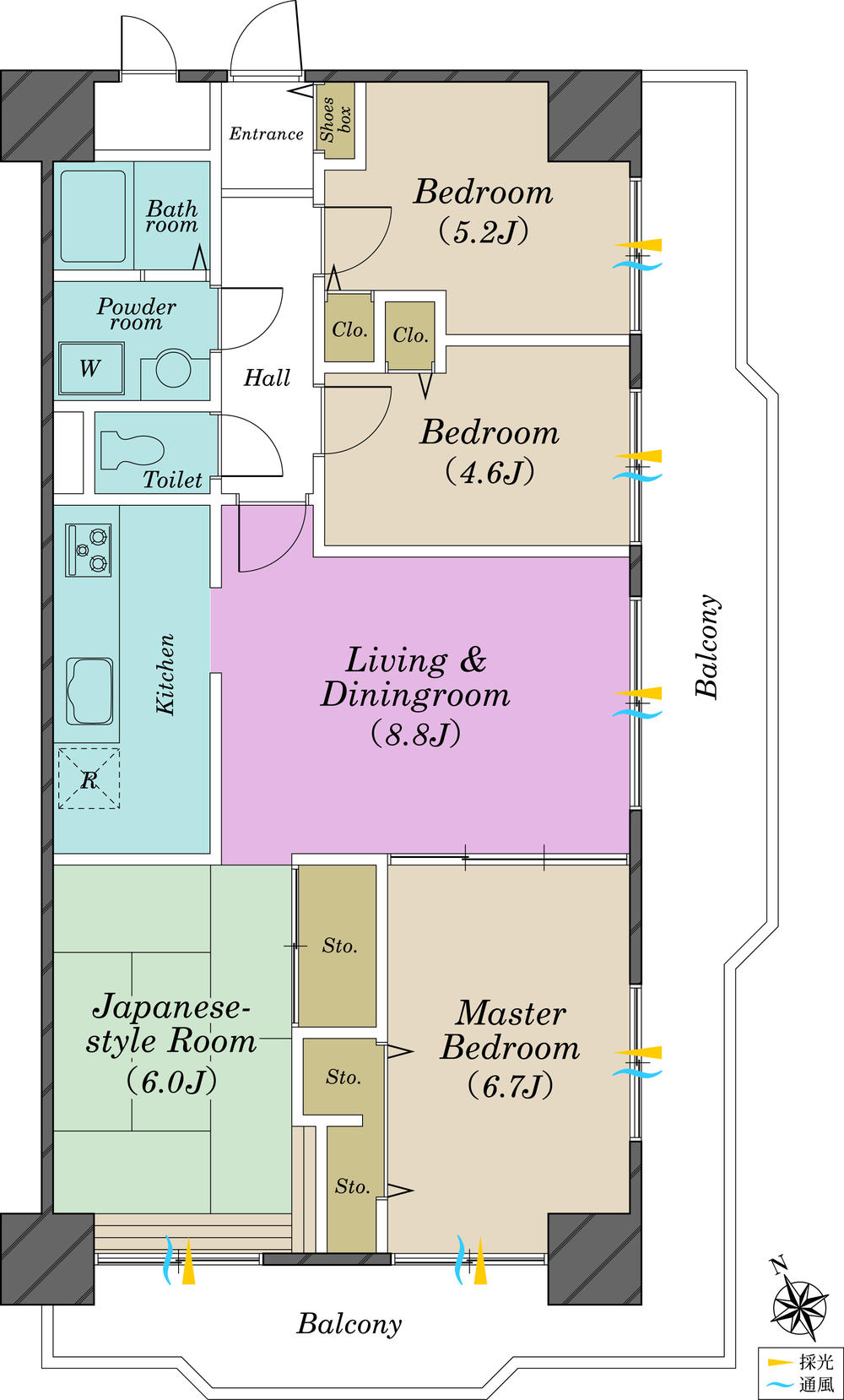 Floor plan. 4LDK, Price 31,800,000 yen, Occupied area 75.52 sq m , Balcony area 26.04 sq m sun per ・ Ventilation good Wide balcony 26.04 sq m