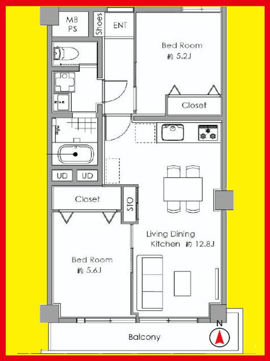 Floor plan. 2LDK, Price 25,800,000 yen, Occupied area 55.42 sq m , Balcony area 5.5 sq m 2LDK