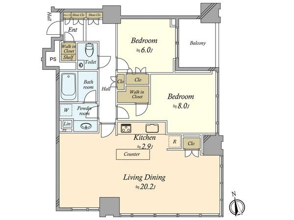 Floor plan. 2LDK, Price 88,800,000 yen, Occupied area 88.04 sq m , Balcony area 5.68 sq m