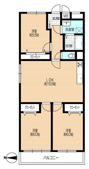 Floor plan. 3LDK, Price 29,800,000 yen, Occupied area 74.24 sq m , Balcony area 6.96 sq m
