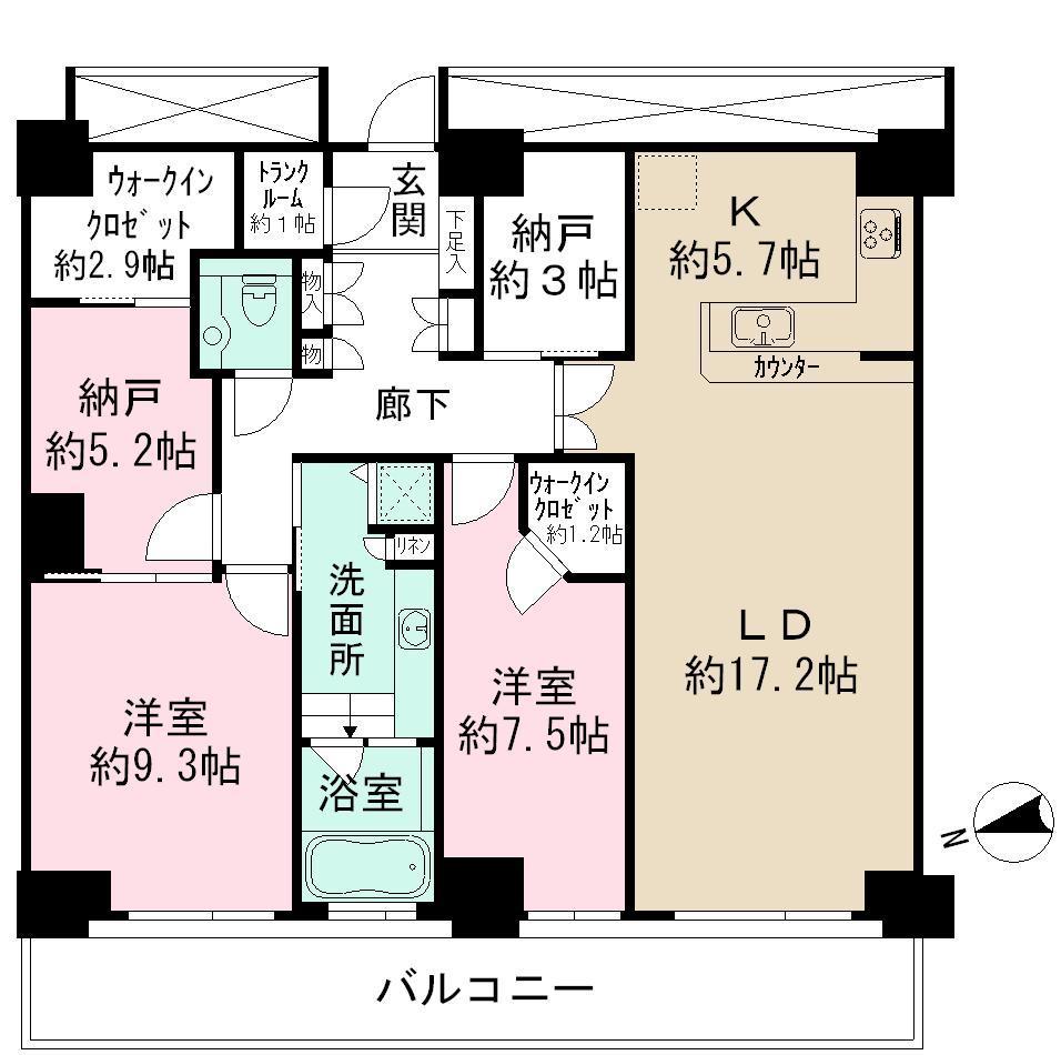 Floor plan. 2LDK + S (storeroom), Price 74,800,000 yen, Footprint 113.02 sq m , Balcony area 17.08 sq m