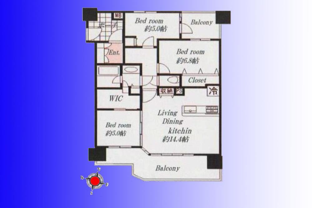 Floor plan. 3LDK, Price 52,800,000 yen, Occupied area 75.68 sq m , Open feeling of the two-sided balcony ceiling height of about 2.7m of the balcony area 18.69 sq m southeast