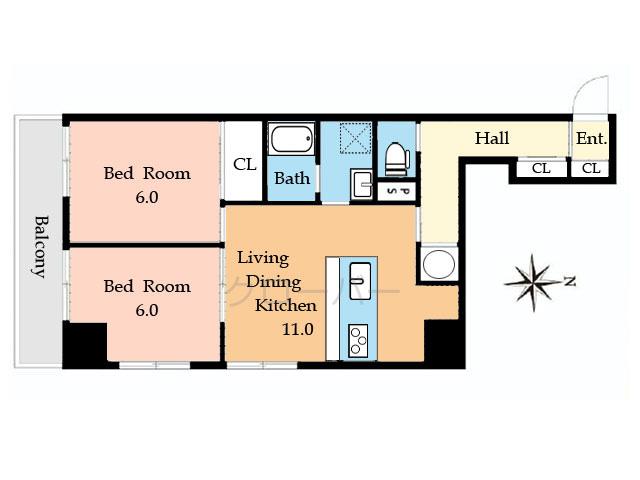 Floor plan. 2LDK, Price 19,800,000 yen, Occupied area 54.46 sq m , Balcony area 6.05 sq m Floor