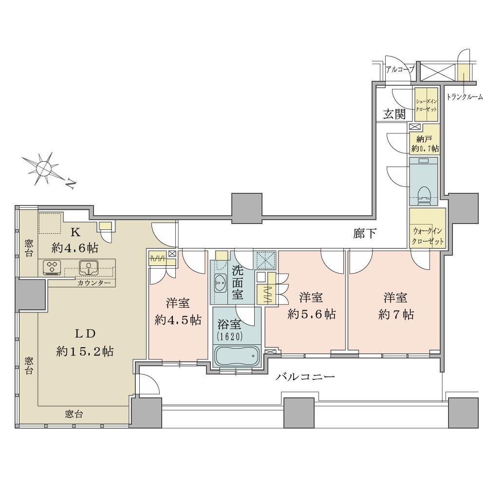Floor plan. 3LDK, Price 63,800,000 yen, Occupied area 91.01 sq m , Balcony area 15.96 sq m