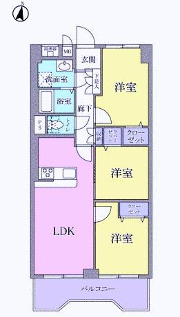 Floor plan. 3LDK, Price 26,980,000 yen, Footprint 61.6 sq m , Balcony area 7.89 sq m