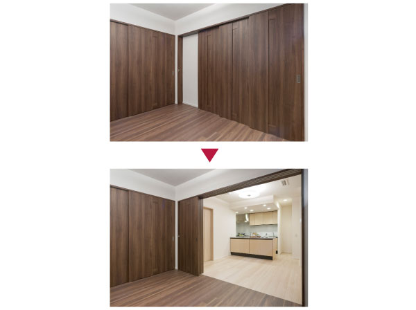 Living.  [Wall door to make effective use of the interior space] Even as a private room, Even as a wide space with a sense of unity of the two rooms in Akehana', Wall door that allows for flexible space planning. You can use depending on the life scene. (Except for some dwelling unit)