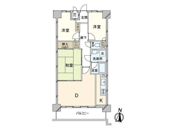 Floor plan. 3DK, Price 24,800,000 yen, Occupied area 57.61 sq m , Balcony area 7.61 sq m