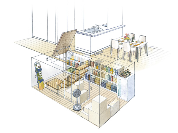 Receipt.  [Life cellar] East Building on the first floor dwelling unit, Underfloor large storage of a depth of about 1.4m established a "life cellar". In the space of about 7 sq m, You can plenty of storage as well, such as household appliances and boxes.  ※ We will follow the management contract for the use (Rendering Illustration)