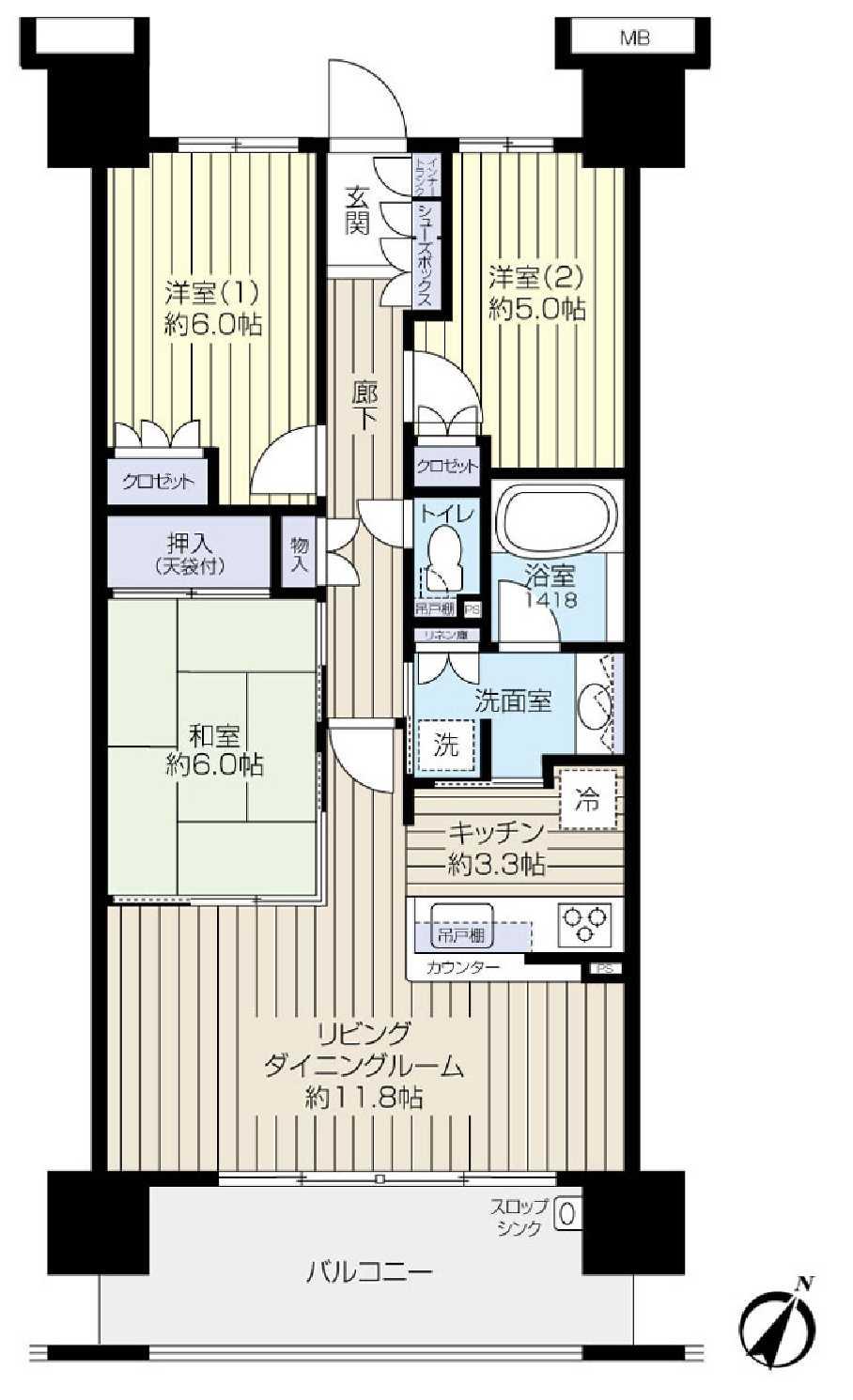 Floor plan. 3LDK, Price 44,800,000 yen, Occupied area 71.92 sq m , Balcony area 12.4 sq m floor plan