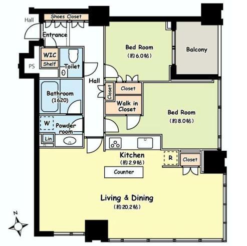 Floor plan. 2LDK, Price 88,800,000 yen, Occupied area 88.04 sq m , Balcony area 5.68 sq m