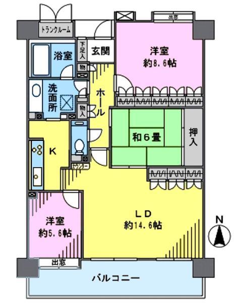 Floor plan. 3LDK, Price 44,300,000 yen, Occupied area 90.16 sq m , Balcony area 14.76 sq m