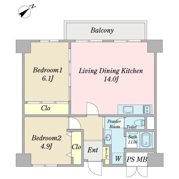 Floor plan. 2LDK, Price 25,800,000 yen, Occupied area 60.49 sq m , Balcony area 6.84 sq m