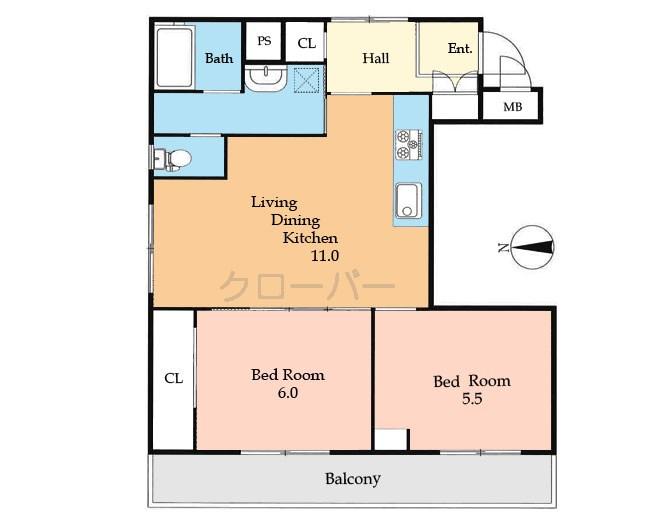 Floor plan. 2LDK, Price 23.8 million yen, Occupied area 58.03 sq m , Balcony area 8.1 sq m