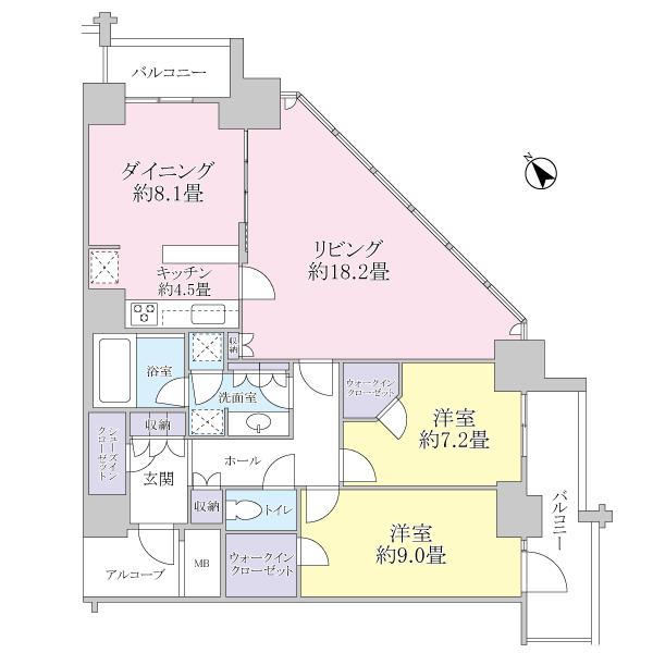 Floor plan. 2LDK, Price 82,800,000 yen, Footprint 108.29 sq m , Balcony area 13.83 sq m top floor, Southeast ・ The northeast corner dwelling unit