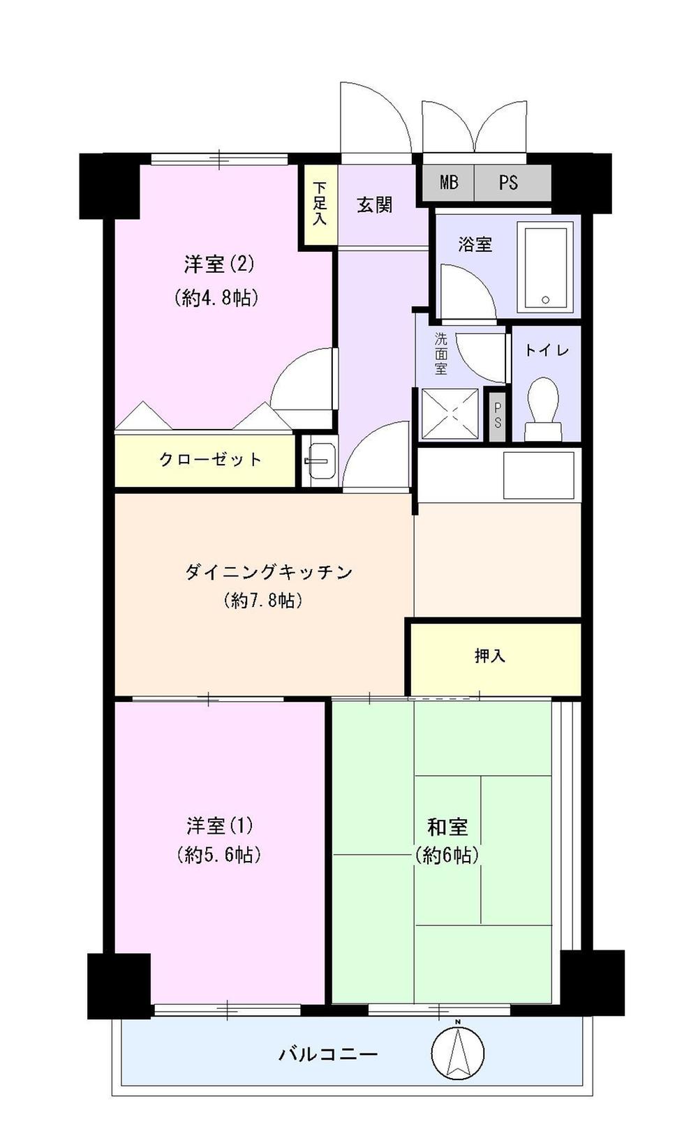 Floor plan. 3DK, Price 17.8 million yen, Footprint 56 sq m , Balcony area 5.47 sq m