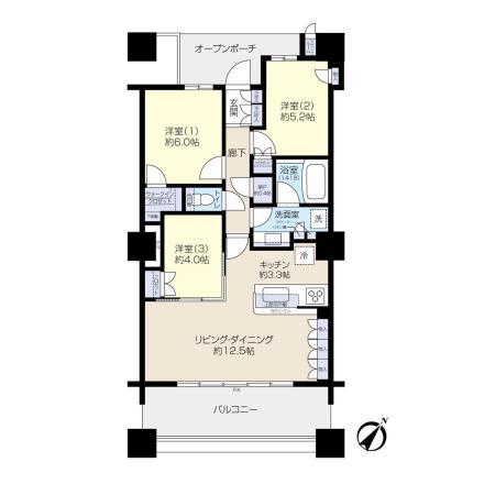 Floor plan. 3LDK + S (storeroom), Price 54,800,000 yen, Occupied area 71.52 sq m , Balcony area 12.44 sq m 20 floor of the south-east direction of the airy rooms