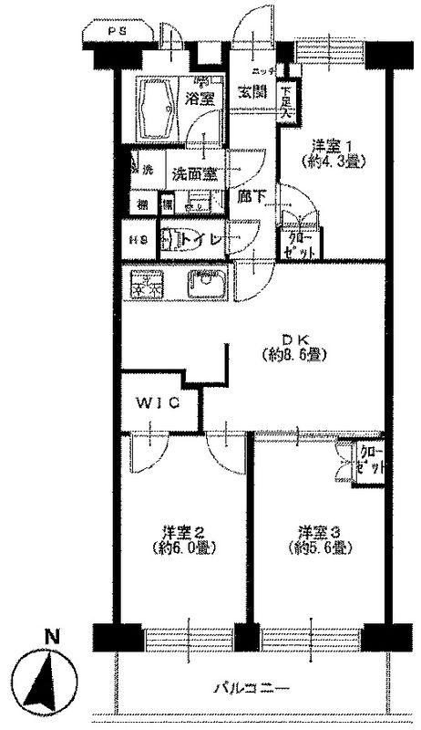 Floor plan. 3DK, Price 26,900,000 yen, Footprint 55 sq m , Balcony area 6.5 sq m floor plan