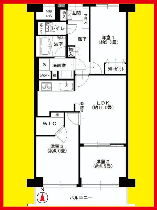Floor plan. 3LDK, Price 29,900,000 yen, Footprint 61.6 sq m , Balcony area 6.72 sq m