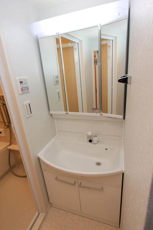 Wash basin, toilet. Vanity with shampoo for the shower faucet