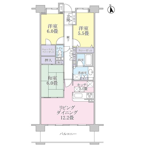 Floor plan. 3LDK, Price 44,800,000 yen, Occupied area 77.94 sq m , Balcony area 12 sq m