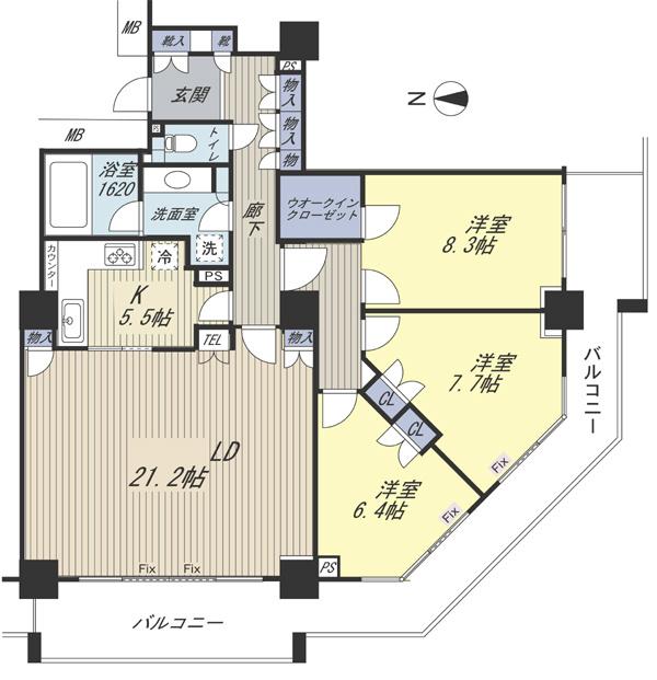 Floor plan. 3LDK, Price 62,800,000 yen, Footprint 114.85 sq m , Balcony area 30.29 sq m