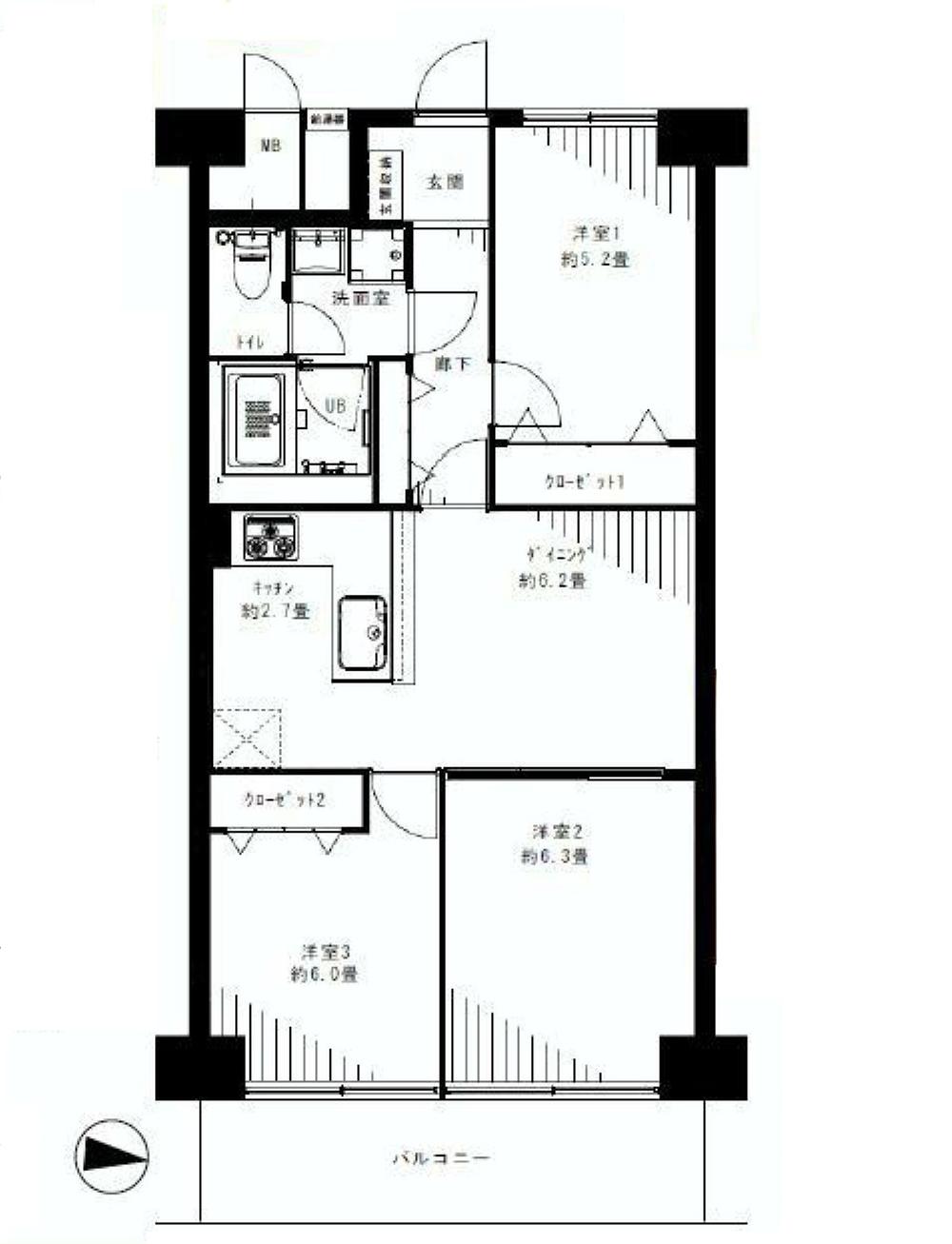 Floor plan. 3DK, Price 17.8 million yen, Footprint 61.6 sq m , Balcony area 7.84 sq m