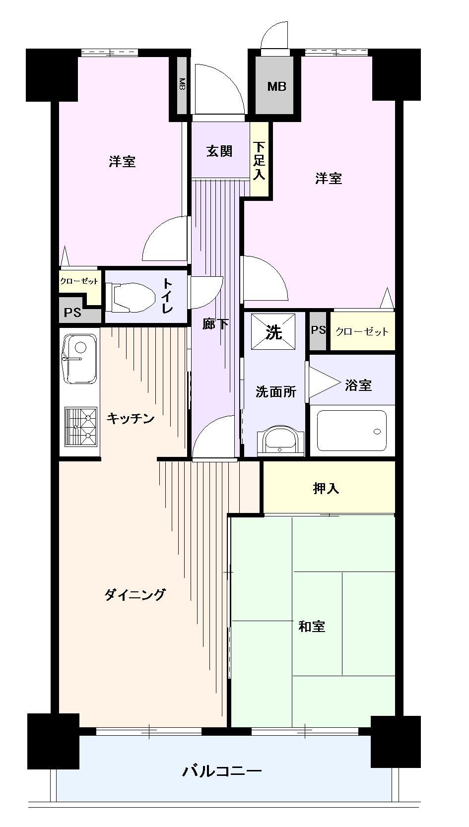 Floor plan. 3LDK, Price 21,800,000 yen, Occupied area 61.62 sq m , Balcony area 7.44 sq m