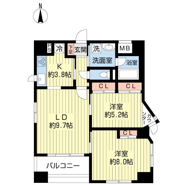 Floor plan. 2LDK, Price 31,800,000 yen, Footprint 60.9 sq m , Balcony area 6.63 sq m