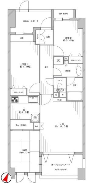 Floor plan. 3LDK, Price 34,980,000 yen, Occupied area 70.25 sq m , Balcony area 7 sq m