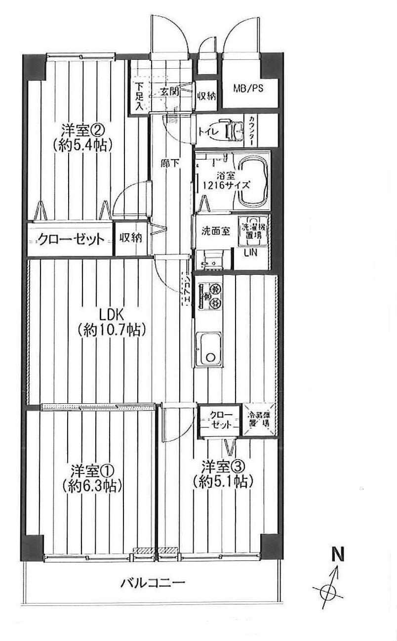 Floor plan. 3LDK, Price 25,900,000 yen, Footprint 61.6 sq m , Balcony area 7.84 sq m