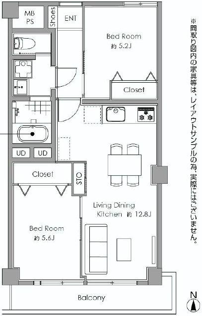 Floor plan. 2LDK, Price 25,800,000 yen, Occupied area 55.42 sq m , Balcony area 5.5 sq m