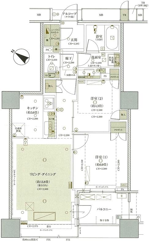 Floor plan. 2LDK, Price 46,800,000 yen, Occupied area 61.48 sq m , Balcony area 5.06 sq m floor plan