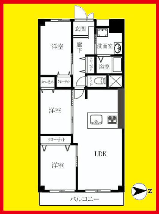 Floor plan. 3LDK, Price 23.8 million yen, Footprint 61.6 sq m , Balcony area 7.6 sq m